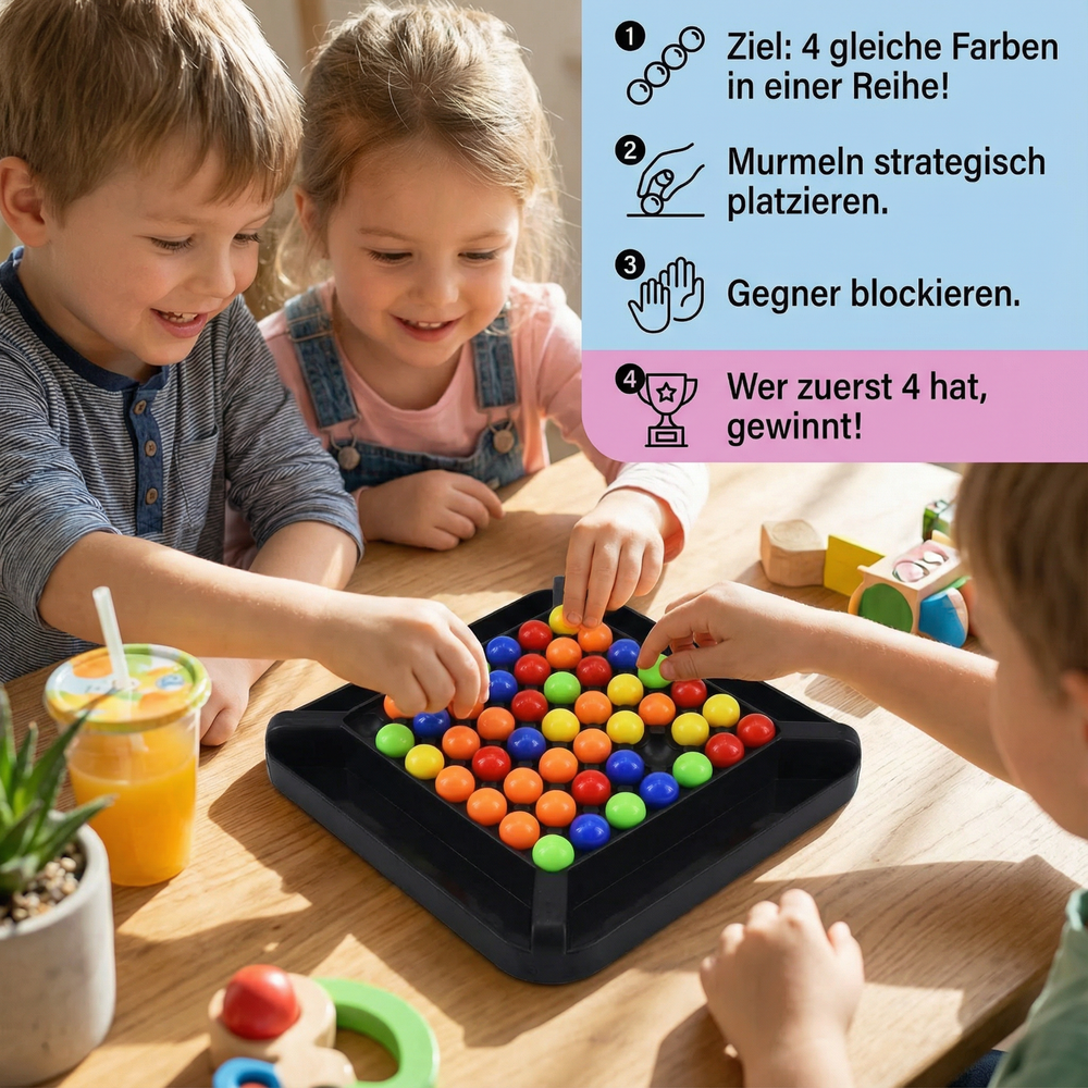 Detailansicht des Farben Match Kugel-Logikspiels; bunte Kugeln bewegen sich auf dem Spielbrett, fördert Konzentration.