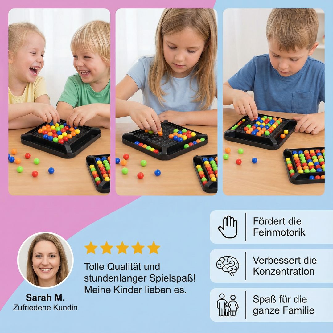 Familie spielt Farben Match Logikspiel; Kind & Erwachsener konzentriert beim Lösen des Kugel-Denkspiels. Pädagogisch.