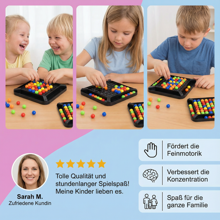 Familie spielt Farben Match Logikspiel; Kind & Erwachsener konzentriert beim Lösen des Kugel-Denkspiels. Pädagogisch.