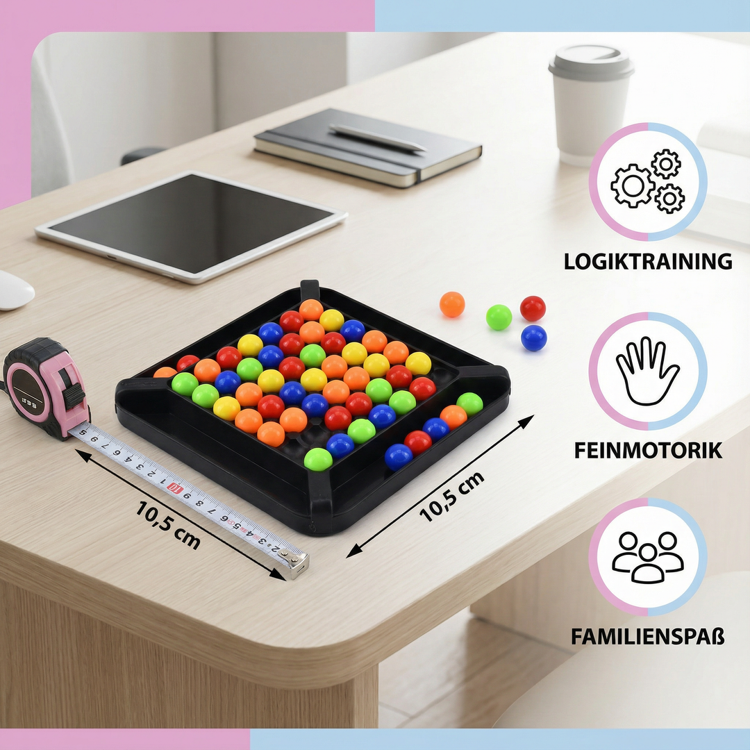 Verpackung des Farben Match Logikspiels; ein pädagogisches Kugel-Denkspiel für Kinder & Erwachsene zum Schenken.