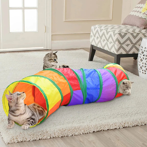 Großer Regenbogen Katzentunnel mit Knisterfolie, ideal für spielende Katzen und Kätzchen. Beliebtes Haustierspielzeug.