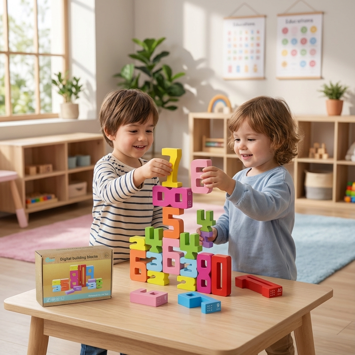 Farbige Kinder Lernblöcke für Mathe und Zahlen; pädagogisches Holzspielzeug zur frühen Bildung.