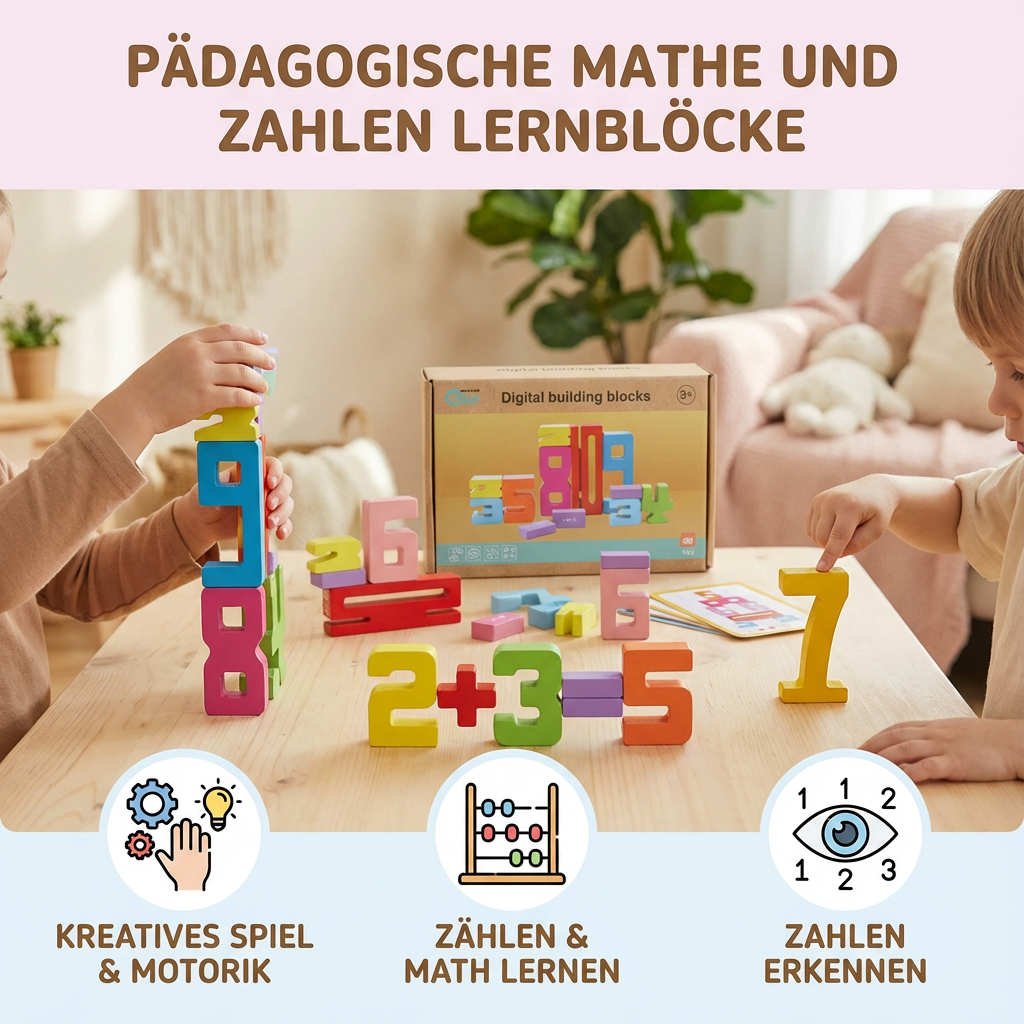 Bunte Lernblöcke zur Förderung der Feinmotorik und Zahlenerkennung bei Kindern.