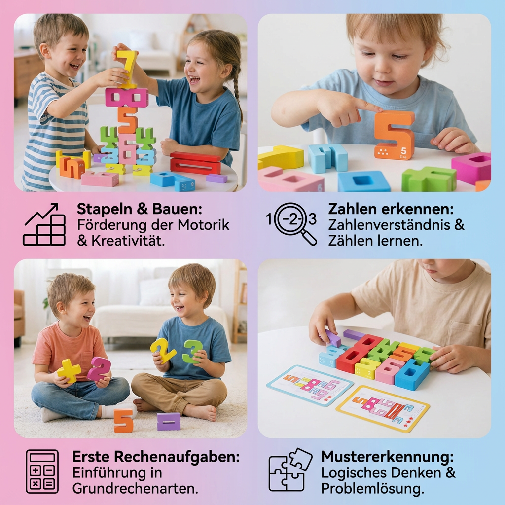 Detailaufnahme der Zahlen-Lernblöcke; farbig sortiert für Vorschulkinder und Kleinkinder.