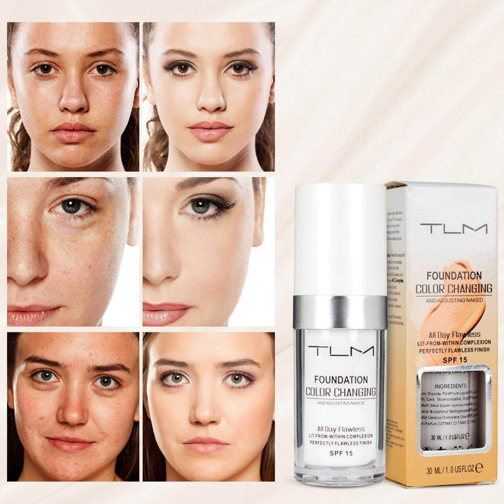 Natürliche, farbwechselnde Damen Make-up Foundation. Perfekt für das Gesicht, passt sich dem individuellen Hautton an.