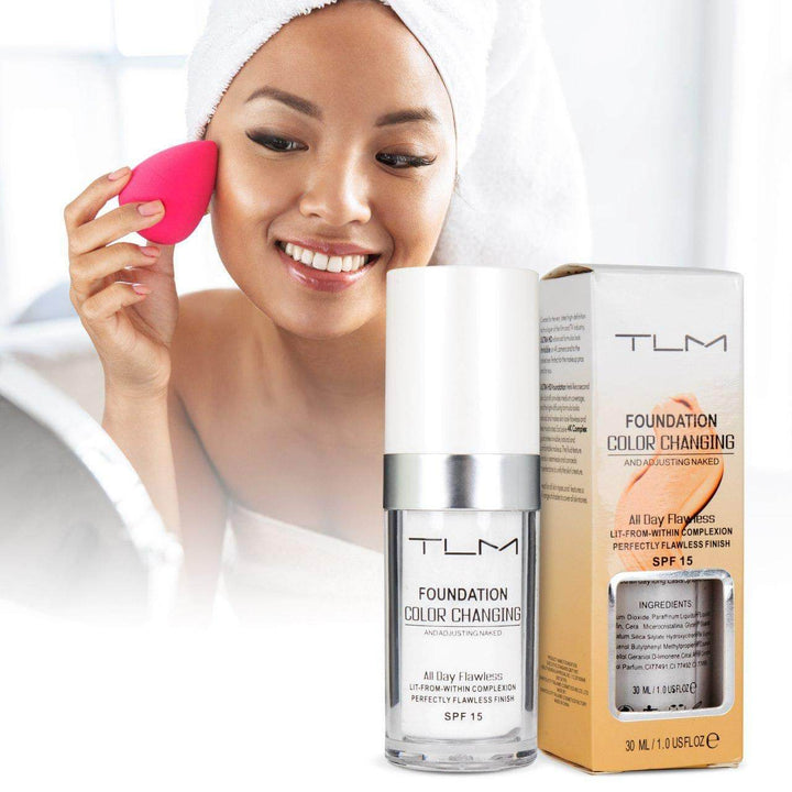 Cremige, farbwechselnde Damen Foundation, die mit dem Hautton verschmilzt. Natürliches Make-up für ein schönes Gesicht.