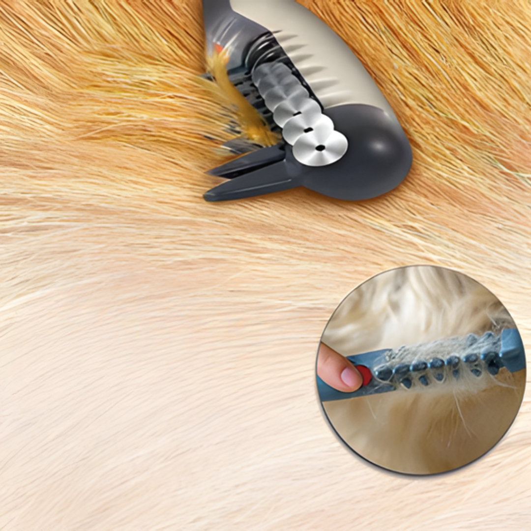 Nahaufnahme des Fellpflege Trimmers für Haustiere. Präzises Werkzeug zum Entfilzen und Lösen von Knoten im Tierfell.