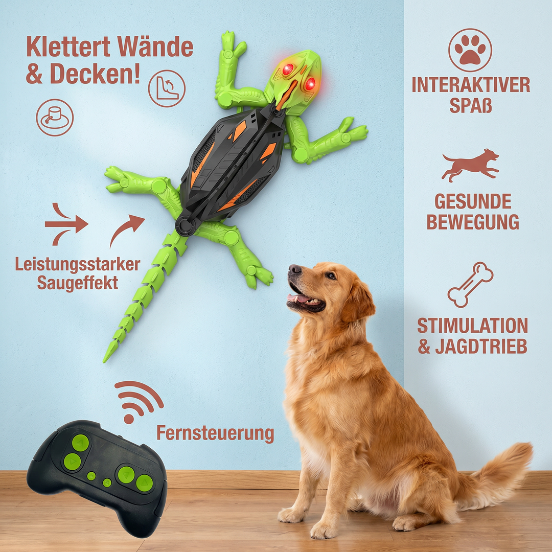 Interaktives Hundespielzeug: Ferngesteuerte Kletter-Eidechse stimuliert den Jagdtrieb von Hunden.