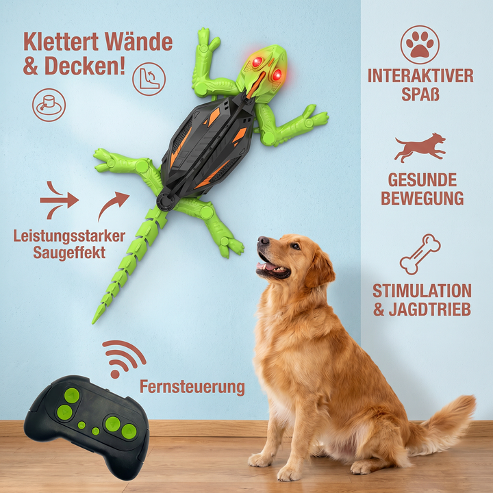 Interaktives Hundespielzeug: Ferngesteuerte Kletter-Eidechse stimuliert den Jagdtrieb von Hunden.