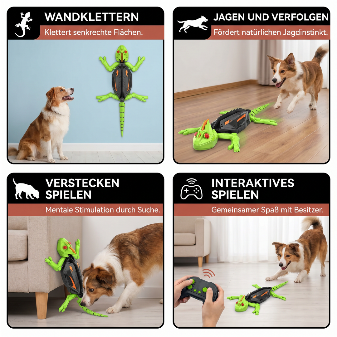 Realistisches Eidechsen-Hundespielzeug, ferngesteuert und kletterfähig, für stundenlangen Spielspaß.