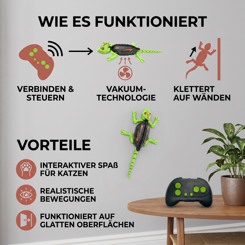 Nahaufnahme der ferngesteuerten Eidechse, ein realistisches Wandklettertier als Bewegungspielzeug für Katzen.