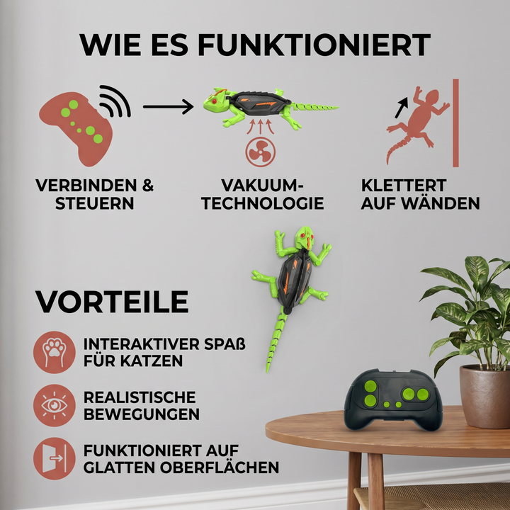 Nahaufnahme der ferngesteuerten Eidechse, ein realistisches Wandklettertier als Bewegungspielzeug für Katzen.