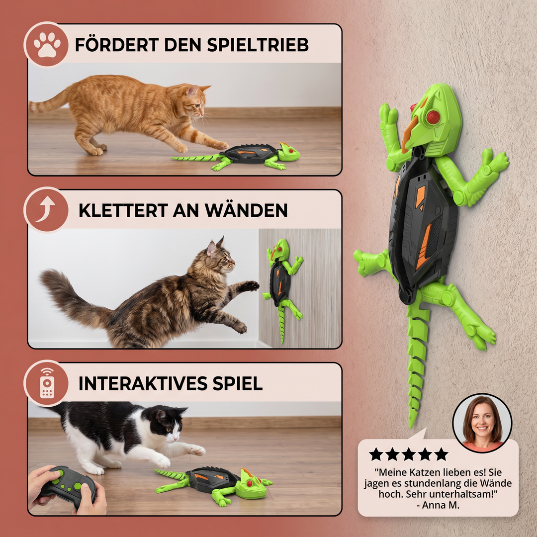 Katzenspielzeug: Ferngesteuerte Eidechse klettert Wand hoch, animiert Katze zu aktivem Spiel und Bewegung.