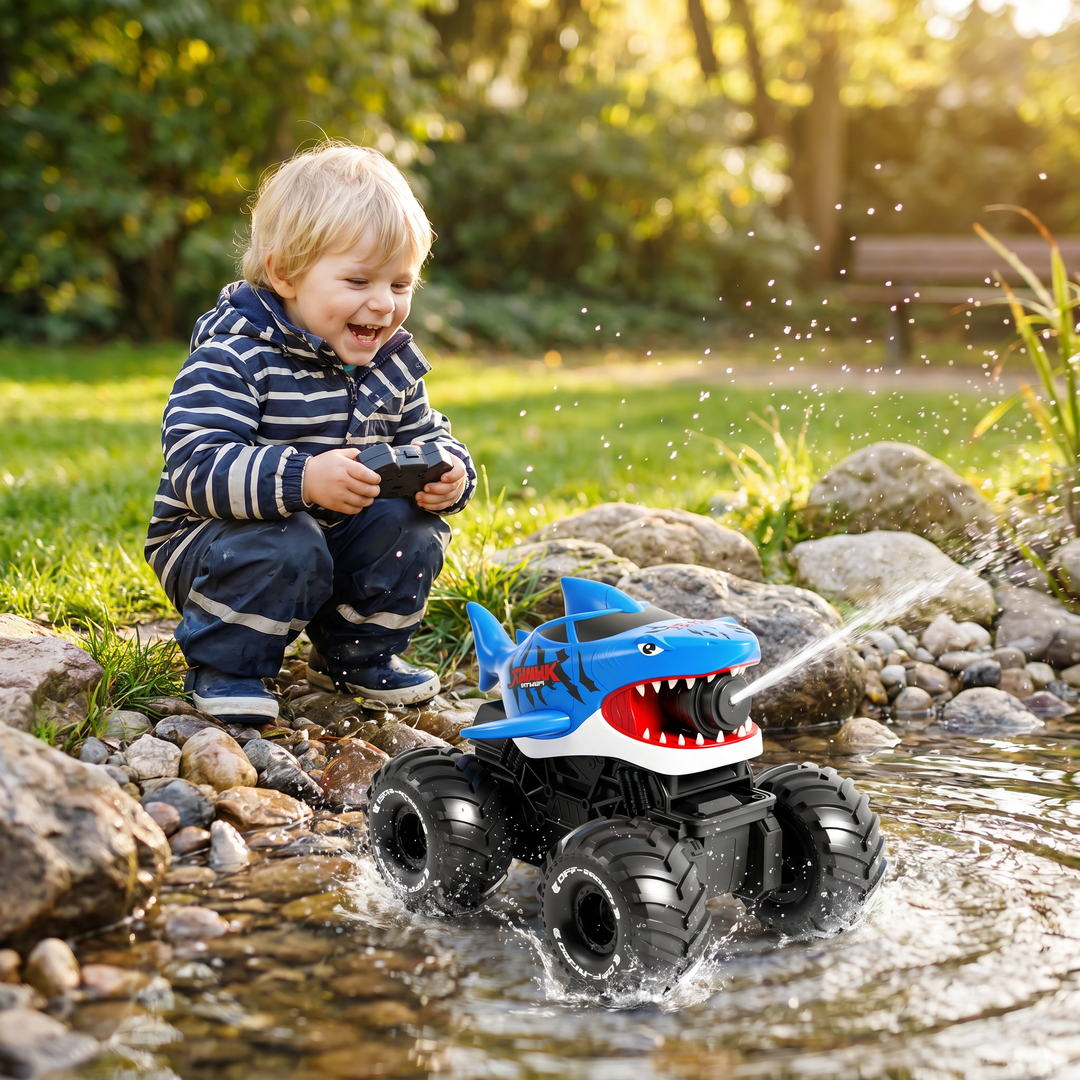 Ferngesteuertes Hai Amphibienfahrzeug für Land & Wasser. Blaues RC-Spielzeug für Kinder mit Wassersprühfunktion.