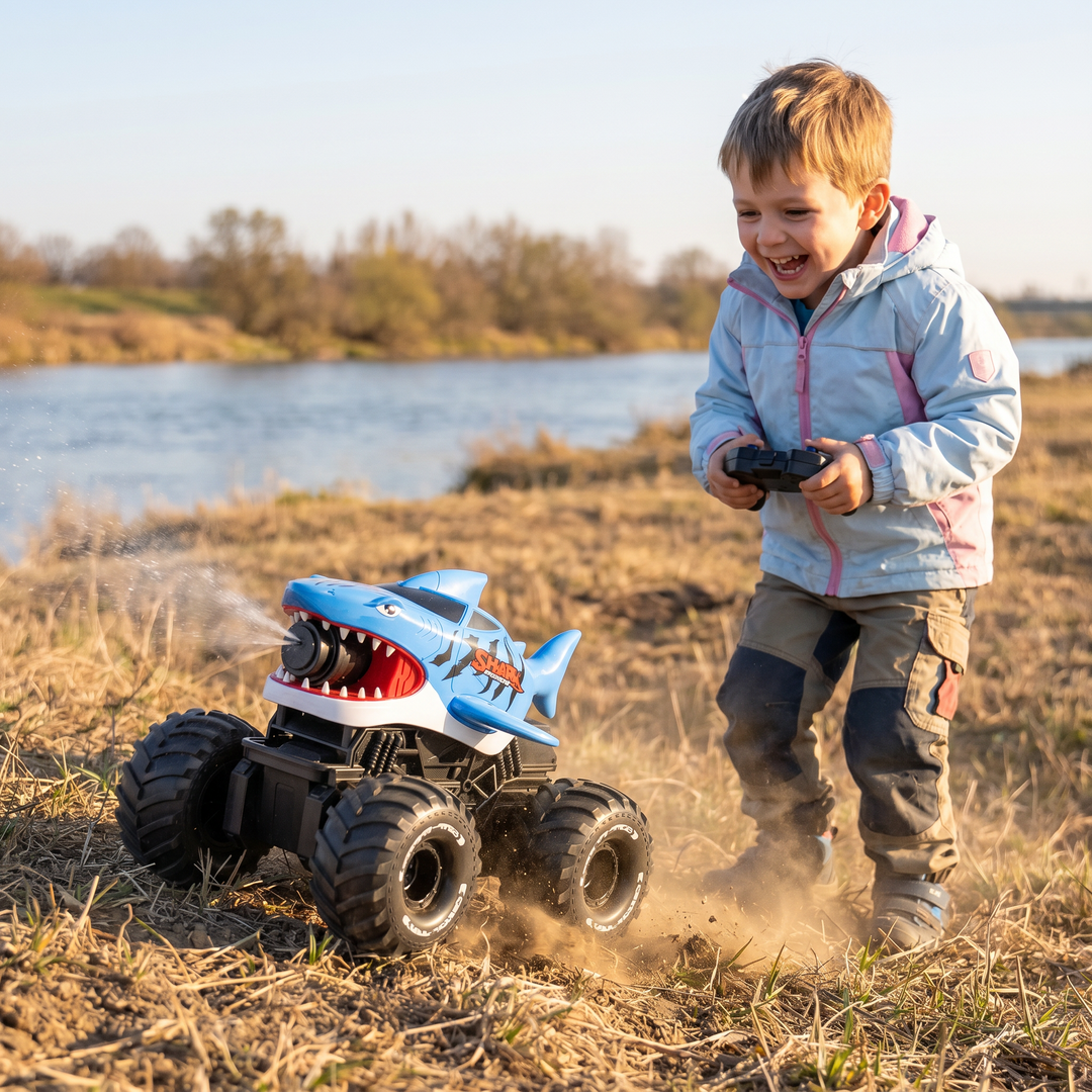 Dynamisches ferngesteuertes Hai Wasserfahrzeug in Aktion, spritzt Wasser, tolles Outdoor-Spielzeug für Kinder.