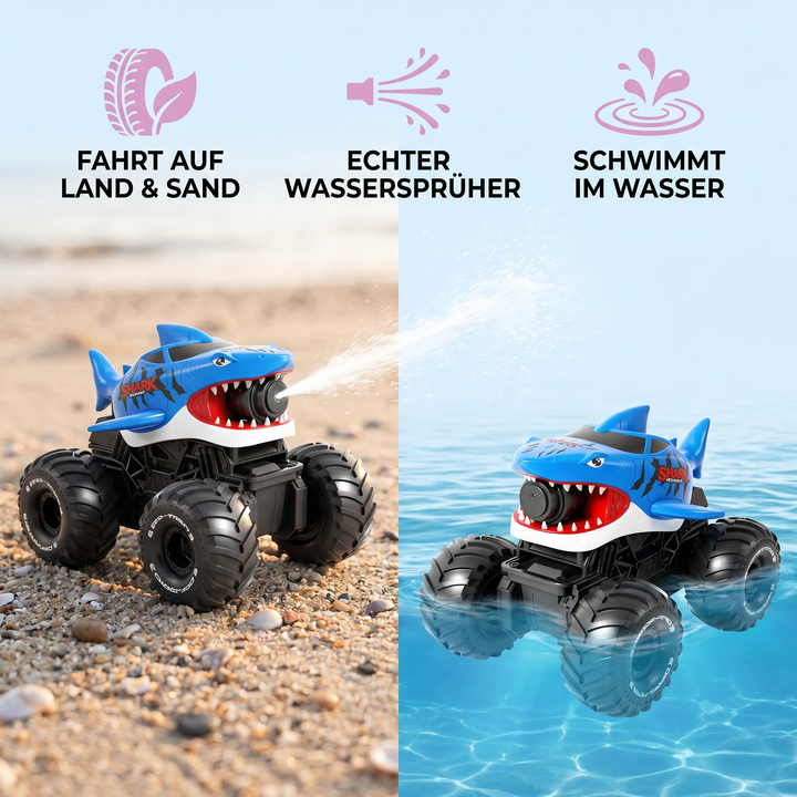 Blaues RC Hai Landfahrzeug auf Gras, robustes Amphibienfahrzeug, pädagogisches Geschenk für Jungen & Mädchen.