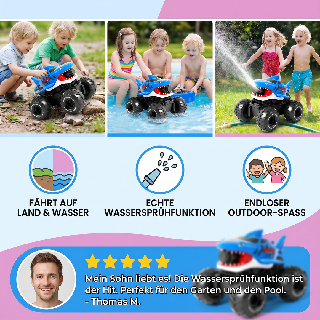 Nahaufnahme des ferngesteuerten Hai Amphibienfahrzeugs, detailreiches Design, RC-Spielzeug für jedes Gelände.