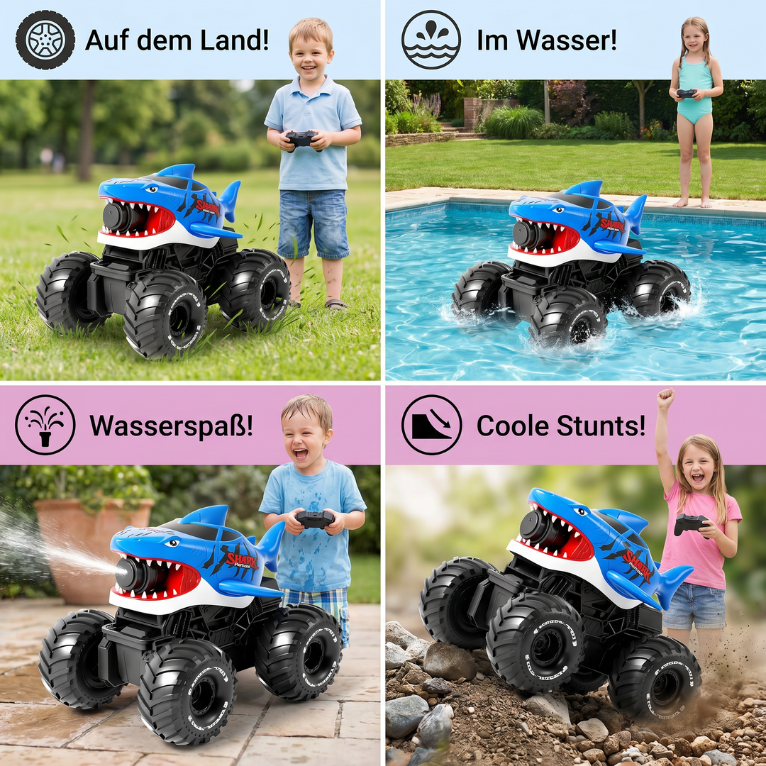 Ferngesteuertes Hai Amphibienfahrzeug schwimmt & fährt, blaues Outdoor-Spielzeug, Wassersprüher für Kinder.