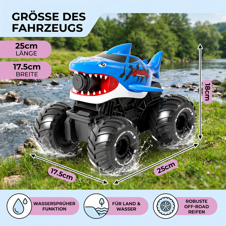 Kind spielt mit blauem ferngesteuertem Hai Amphibienfahrzeug im Garten. Lernspielzeug für Land & Wasser.