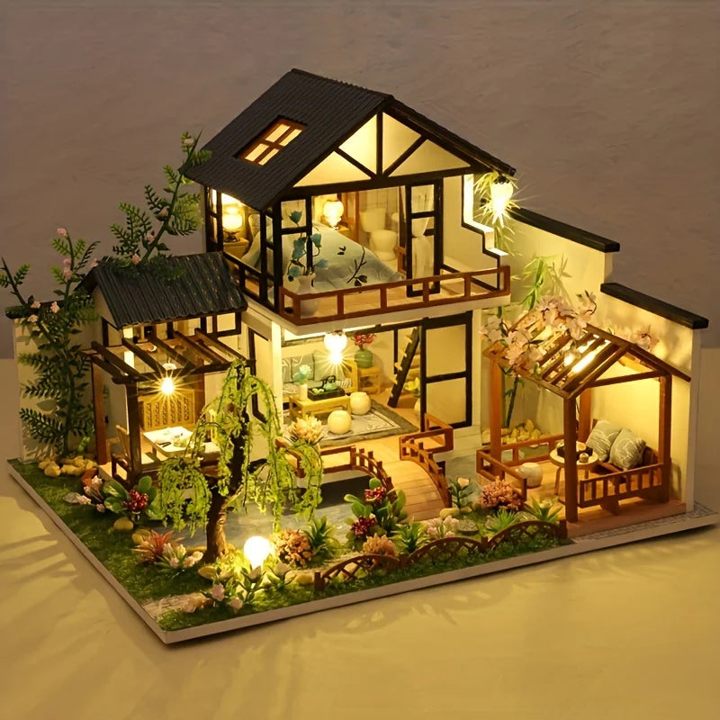 Fertiges Minvella DIY Miniatur-Holzhaus, detailreiches Modellbau-Meisterwerk für Erwachsene, tolle Dekoration.