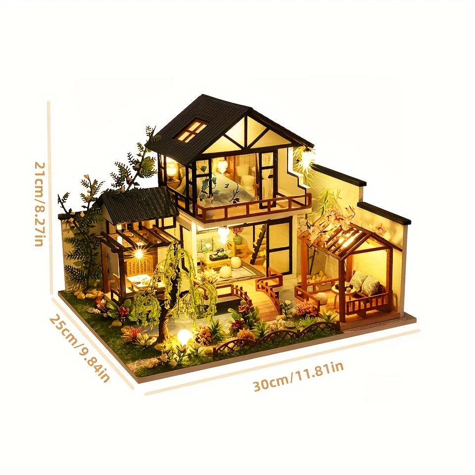Minvella DIY Bausatz für Miniatur-Holzhaus, mit Holzbauteilen und Werkzeug, kreatives Bastelset für Erwachsene.