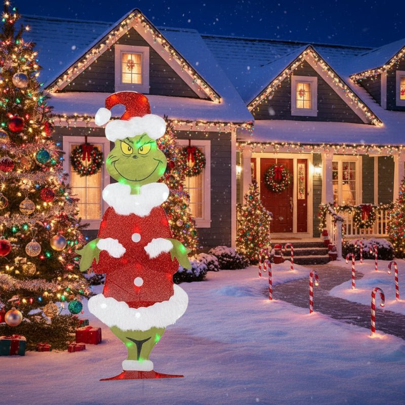 Festliche Grinch Gartendekoration mit LEDs. Ideal als Weihnachts- und Winterdekoration für den Außenbereich.