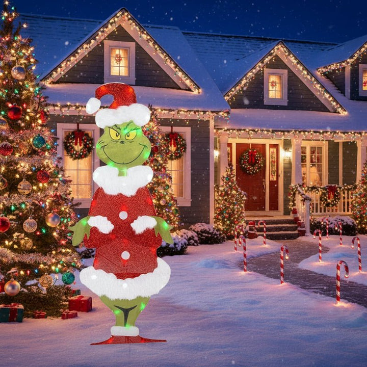 Festliche Grinch Gartendekoration mit LEDs. Ideal als Weihnachts- und Winterdekoration für den Außenbereich.