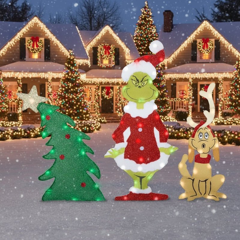 Lustige Grinch Weihnachtsdekoration mit leuchtenden LEDs. Perfekte Stimmung für Ihre Gartendekoration.