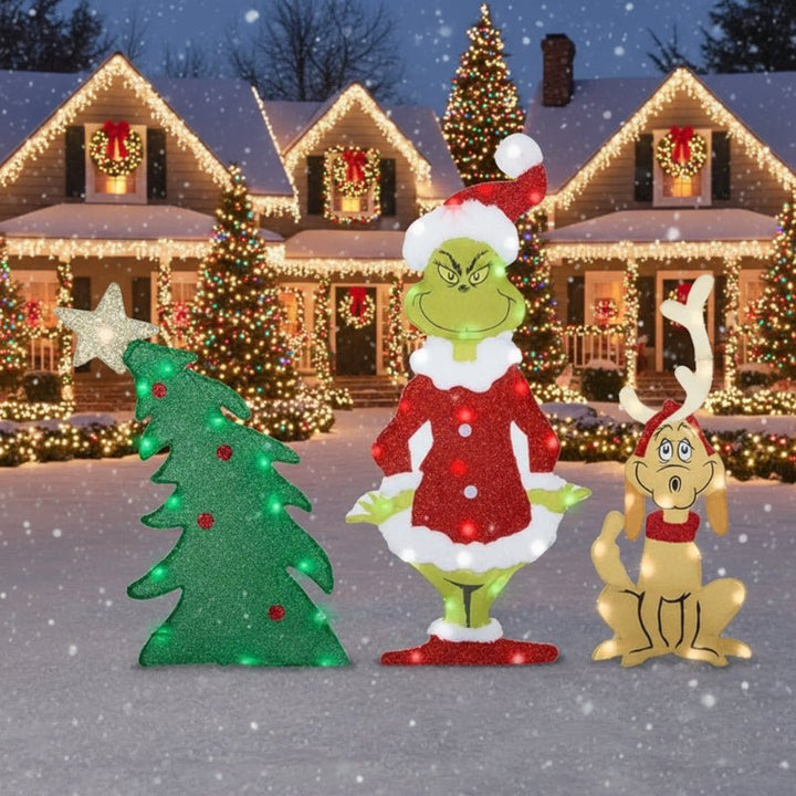 Lustige Grinch Weihnachtsdekoration mit leuchtenden LEDs. Perfekte Stimmung für Ihre Gartendekoration.