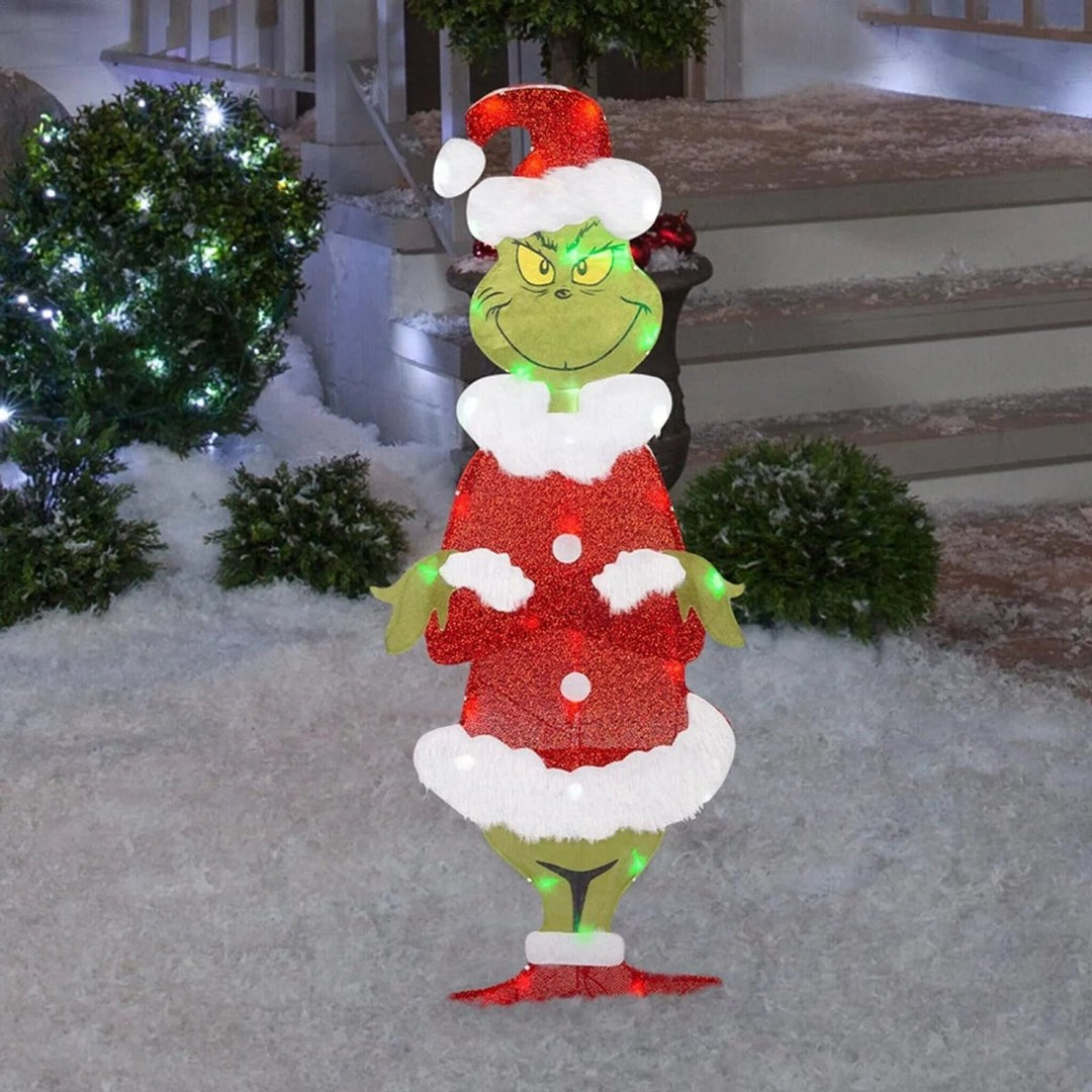 Helle LED Grinch Weihnachtsbeleuchtung. Stimmungsvolle Gartendekoration für festliche Lichter im Außenbereich.