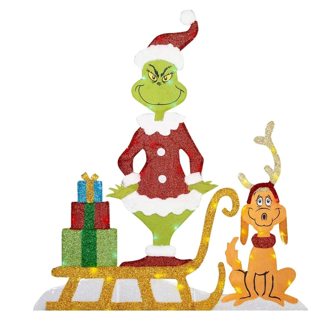 Grinch Weihnachtsdekoration mit leuchtenden LEDs. Eine festliche und lustige Gartendeko für Weihnachten.