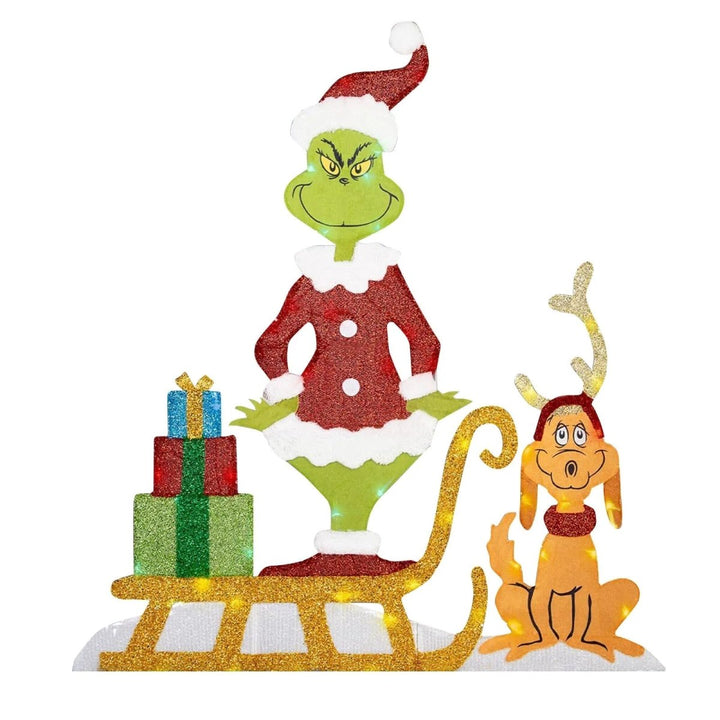 Grinch Weihnachtsdekoration mit leuchtenden LEDs. Eine festliche und lustige Gartendeko für Weihnachten.