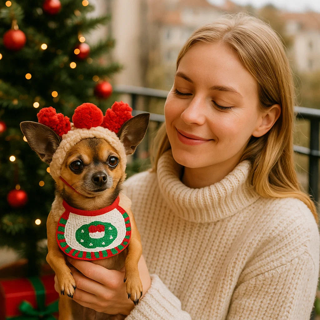 Detailliertes Hunde-Weihnachts-Outfit mit Rentier-Geweih und festlicher Mütze, Accessoire.