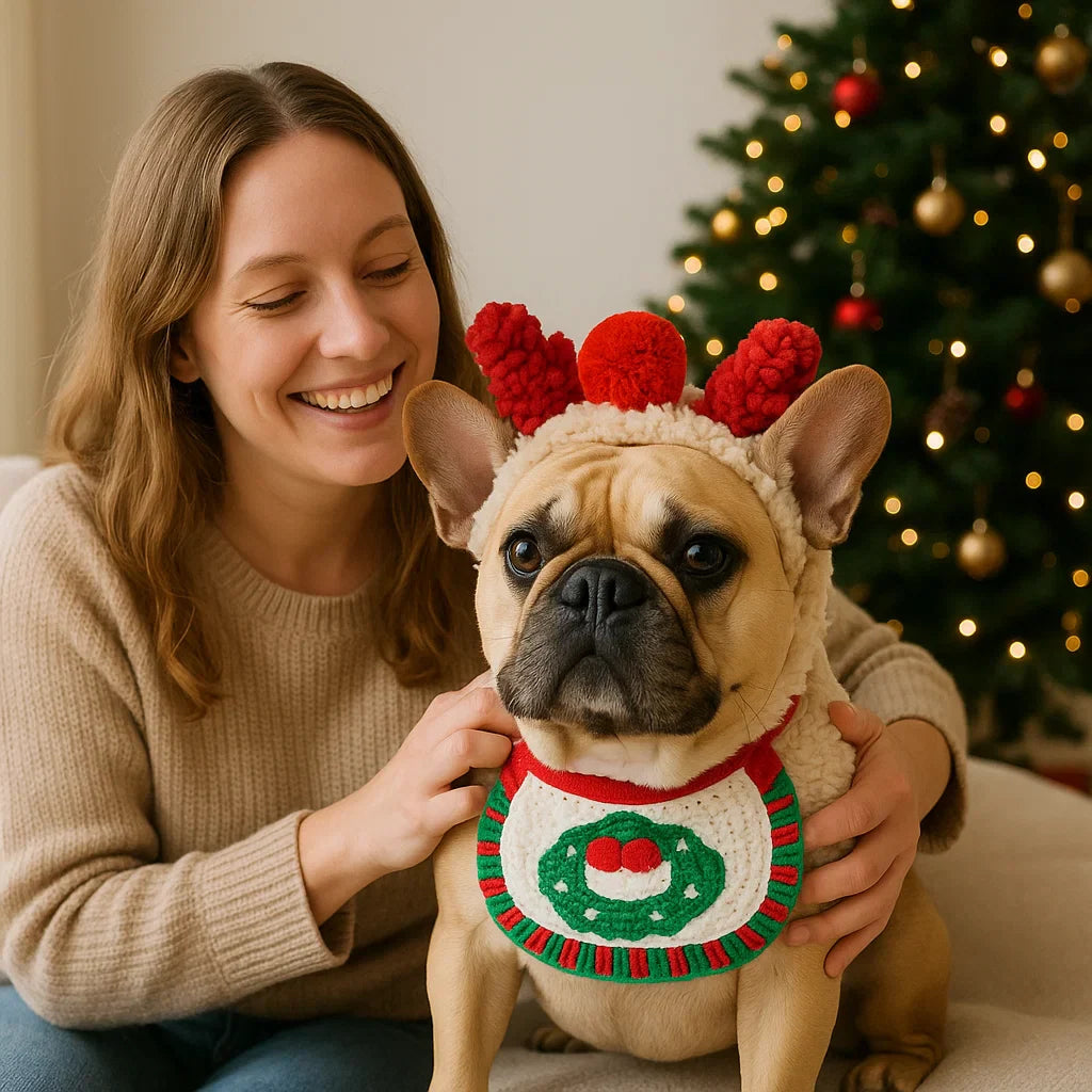 Verspielter Hund im personalisierten Weihnachtskostüm, ideal für festliche Winter-Spaziergänge.