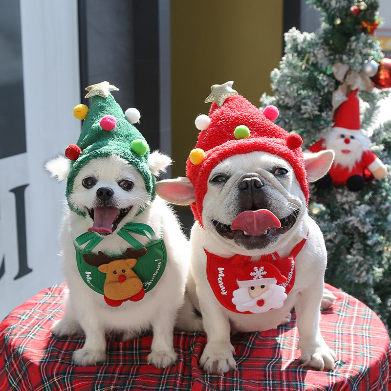 Gemütlicher Hund im festlichen Winter-Weihnachtsoutfit vor geschmücktem Baum, personalisiert.