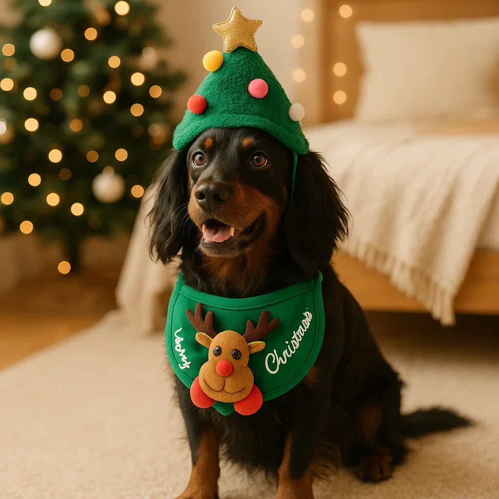 Kleiner Hund im festlichen Weihnachtsmann-Kostüm, perfektes Haustier-Outfit für Fotos.