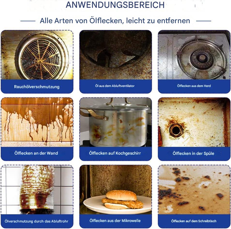 Dichter Aktivschaum des fettlösenden Küchenreinigers wirkt auf einer Fläche. Entfernt Fett effektiv ohne Schrubben.