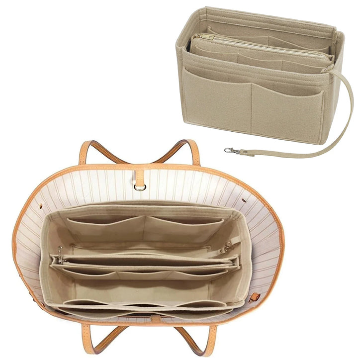 Filz Handtaschen Organizer mit 15 Fächern, Reißverschluss & Schlüsselband für Ordnung in jeder Tasche.