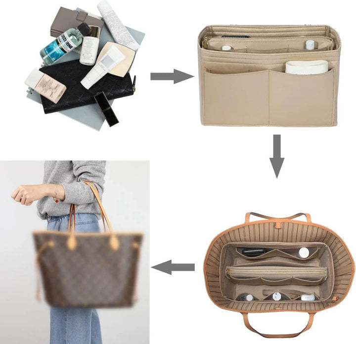 Weicher Filz Handtaschen Organizer in Schwarz, Rosa oder Beige. Mit vielen Fächern für Innentasche.