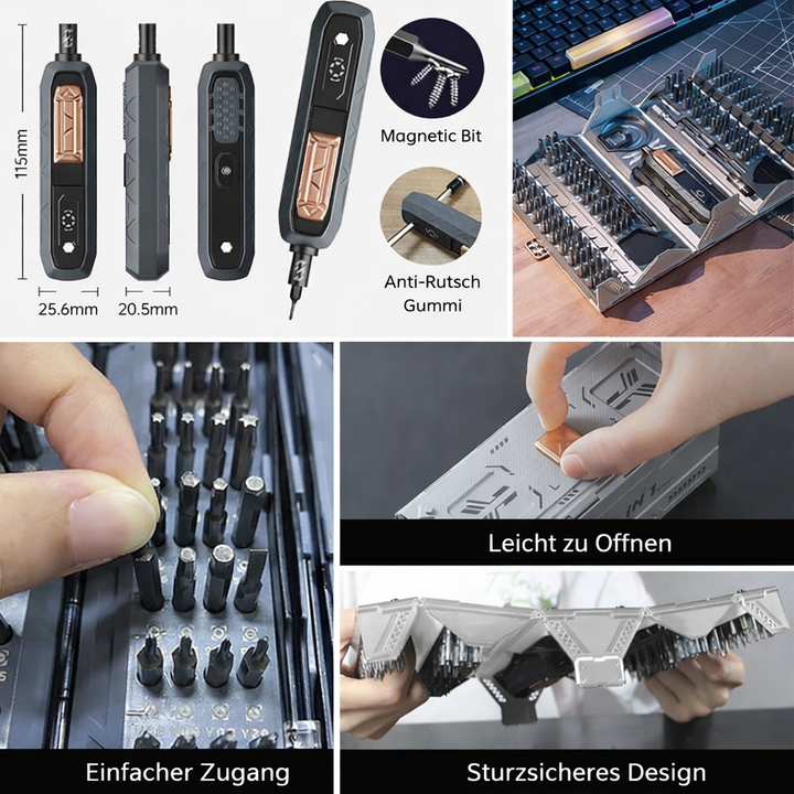 Detailaufnahme eines Schraubendrehers und Präzisions-Bits aus dem FixPro Werkzeugset für Reparaturen.