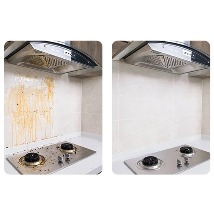Küchen-Fettlöser sprüht auf fettige Oberfläche für schnelle Reinigung und Hygiene.