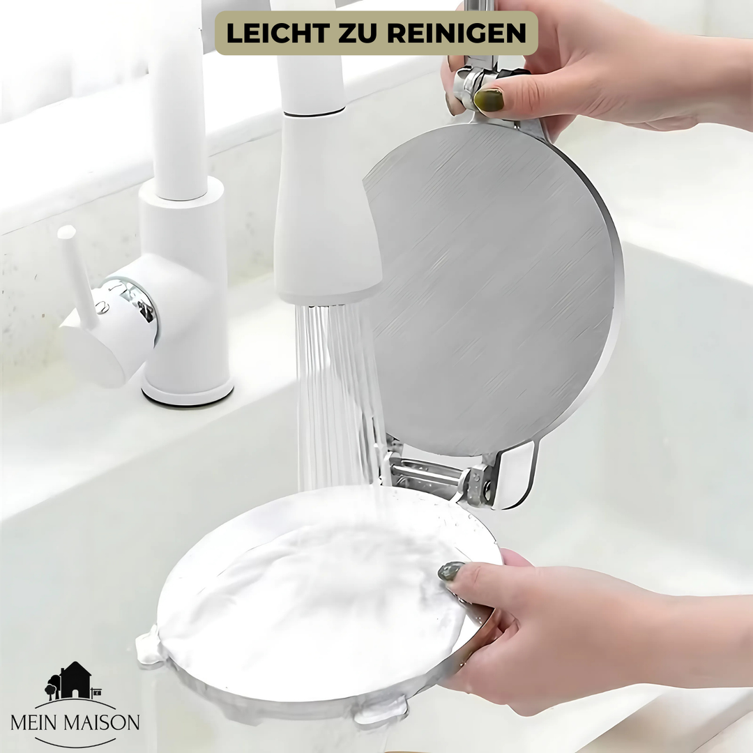 Stabile FlattaTilla Tortilla Presse für präzise geformte Maistortillas, Weizentortillas und Fladenbrot.