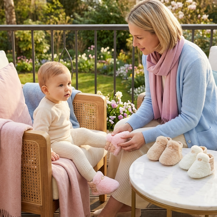 Flauschige Babysockenschuhe für warme, sichere Kinderfüße. Rutschfeste Krabbelschuhe, ideal für Herbst/Winter.