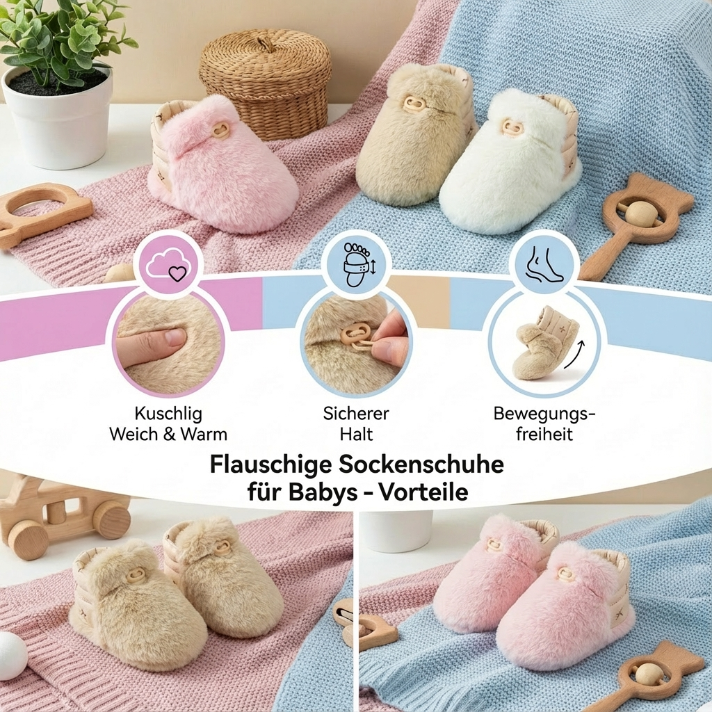 Warme Winterschuhe für Babys. Flauschige Sockenschuhe, rutschfest, ein tolles Babygeschenk für kalte Tage.