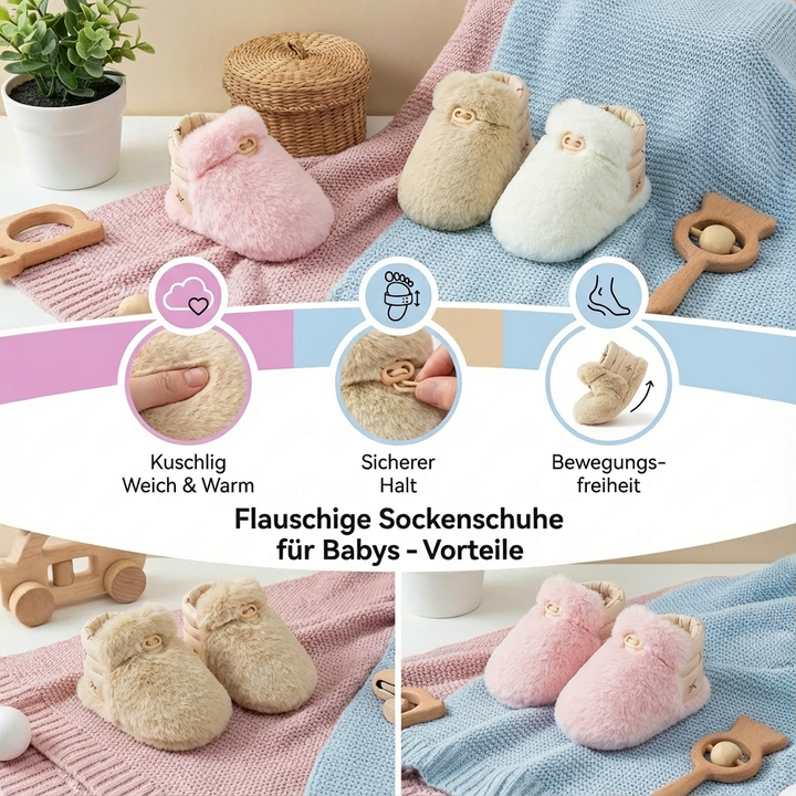 Warme Winterschuhe für Babys. Flauschige Sockenschuhe, rutschfest, ein tolles Babygeschenk für kalte Tage.