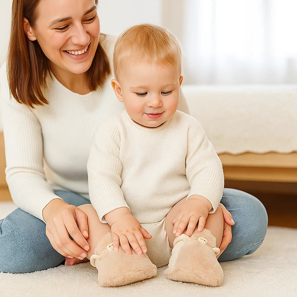Flauschige Babyschuhe mit weichem Futter. Warme Sockenschuhe, rutschfest, perfekt für drinnen und draußen.
