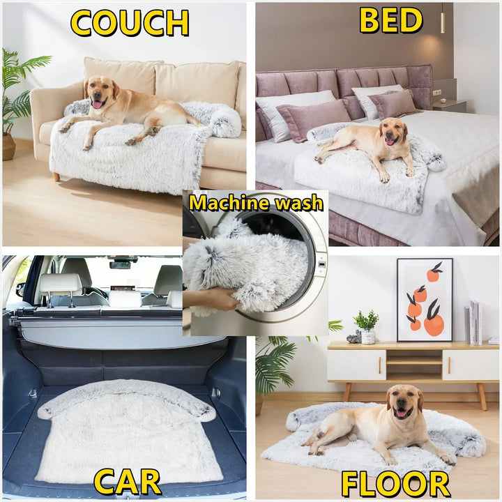 Waschbare Haustierdecke (PlushNest) schützt Sofa. Gemütlicher Schlafplatz für Hund & Katze.