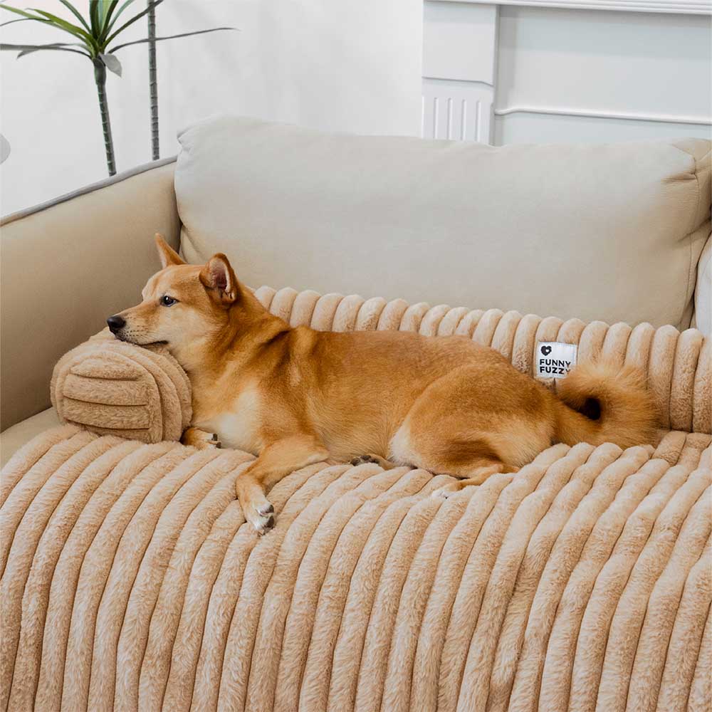 Tierfreundlicher Möbelschutz: Flauschiger Hundesofabezug in Beige, bequem & leicht zu reinigen.