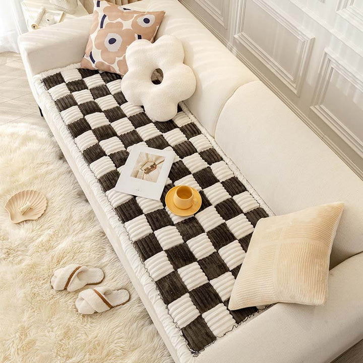Moderner graublauer Sofabezug, flauschig, kariert, schützt Sofa und ist leicht zu waschen.