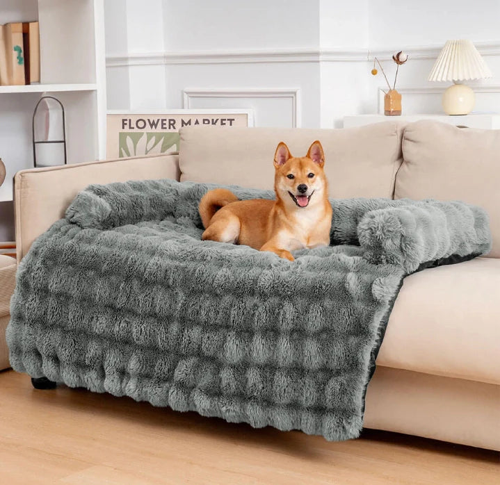 Flauschiges beruhigendes Hundebett mit Sofaschutz in Grau, weich und gemütlich.